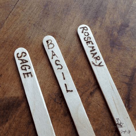 Woodburned Twig Plant Markers - Salt in my Coffee Wood Burning Garden Markers, Popsicle Stick Garden Labels, Grow Foods, Wood Sticks Crafts, Stick Garden, Veg Patch, Popsicle Crafts, Garden Labels, Garden Markers