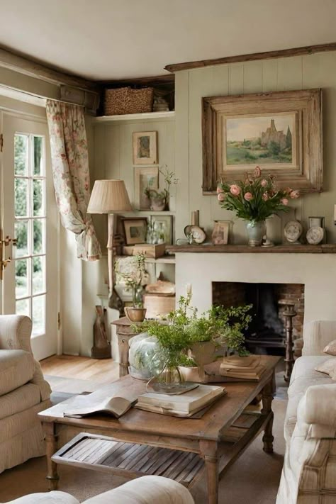 Cosy French Living Room, Country Classic Living Room, Country Cottage Sitting Room, Cottage Style Family Room, Living Room Designs English Style, Cozy Old Fashioned Living Room, Cosy Bright Living Room, Farmhouse Antique Decor Living Room, Cottage House Decor Interiors