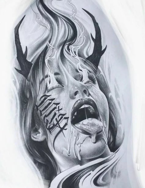 Evil Faces Drawing, Devil Woman Tattoo, Demon Tattoo Designs, Devil Tattoo Design, Tato Geisha, Realistic Tattoo Design, Chest Tattoo Drawings, Tattoo Art Design, Gangster Drawings