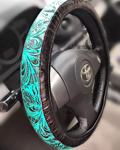 Truck Interior Accessories, Western Car, Cool Truck Accessories, Leather Steering Wheel Cover, Girly Car Accessories, Leather Steering Wheel, Cowgirl Accessories, Tooling Patterns, Cool Car Accessories