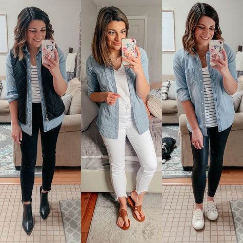 Jean Shirt Styles Outfit Ideas, Chambray Shirt Leggings Outfit, How To Style A Chambray Shirt, Oversized Chambray Shirt Outfit, Monochrome Closet, Demin Shirt Outfit, Diy Clothes Transformation, Style Chambray Shirt, Chambray Shirt Outfit