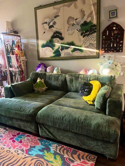 Fairy Witch Cottagecore Vibes | i finally got my dream couch 😭😭 it’s been hard to find one that matches my vibe but it’s perfect 😻 | Facebook Sofa Bed Ideas, Dream Couch, Studio Sofa, Dream Sofa, Dream Sofas, Green Couch, Thrift Store Furniture, Sofa Review, Apartment Decor Inspiration