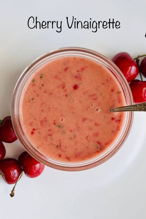 Cherry vinaigrette in a glass bowl next to some fresh cherries. Cherry Vinaigrette Dressing, Unique Salad Dressing Recipes, Cherry Salad Dressing, Cherry Salad Recipes, Cucumber Watermelon Salad, Lime Salad Dressing, Cherry Salad, Cherries Salad, Unique Salad