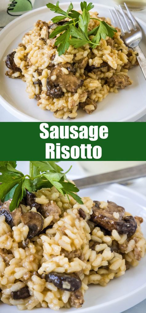 This easy sausage risotto is a satisfying recipe combining Italian sausage with creamy Arborio rice and mushrooms. Great as a starter or main! #sausage #risotto #recipe Sausage Mushroom Risotto, Sausage Mushroom Rice, Sausage Risotto Recipes, Sausage And Rice Recipes, Kfc Bowls, Sausage Risotto, Ground Sausage Recipes, Sausage And Rice, Easy Risotto