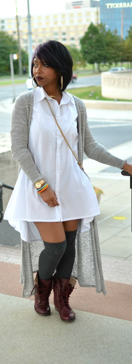 White Shirt Dress - Fall 2014 - Maxi Cardigan - Knee Socks Knee Length Socks Outfit, White Shirt Dress Outfit, Sweenee Style, Shirt Dress Fall, Bootleg Jeans, Dress Booties, Knee Highs, Maxi Cardigan, Outfit Trends