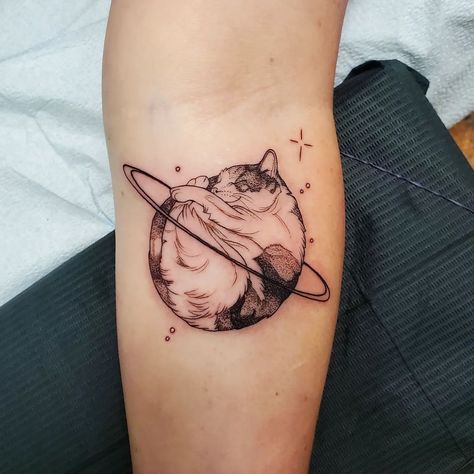 Felicette Space Cat Tattoo, Cat And Space Tattoo, Space Kitty Tattoo, Space Animal Tattoo, Cat Planet Tattoo, Planets Tattoo Ideas, Cosmic Cat Tattoo, Cute Planet Tattoo, Cat In Space Tattoo