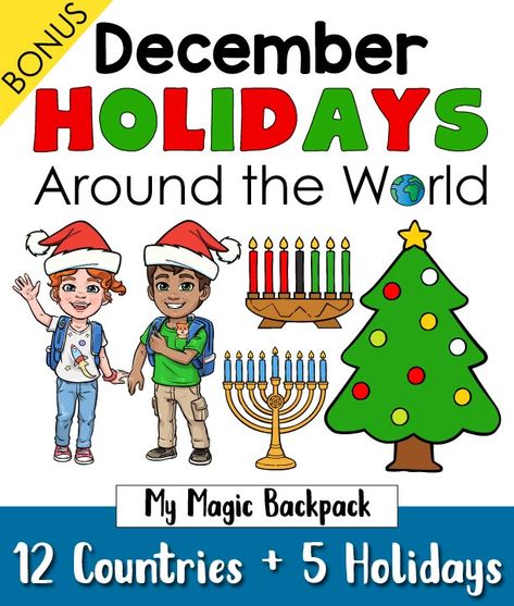 Travel around the world this holiday season and discover how different countries celebrate Christmas, Hanukkah, Kwanzaa, St. Lucia Day and Las Posadas. Perfect way to jump-start your geography learning for kids who are in pre-k and kindergarten. December Holidays Around The World Preschool, December Holidays Preschool, Christmas In Different Countries, Winter Holidays Around The World Crafts, Christmas Around The World For Preschool, Winter Holidays Around The World Preschool, Holidays Around The World Toddlers, Winter Celebrations Around The World, Holidays Around The World Decorations