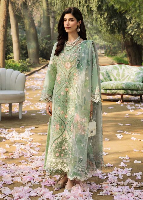 Brand: SardiniaCollection: Sardinia Floral Forest Unstitched Luxury Lawn CollectionFabric: Lawn DESIGN DETAILS: Embroidered Front Centre Panel with Laser Worked Organza Insert (lawn) Hand-work and Embroidered NeckLine (Organza) Embroidered chikan-Kari front left+right side panels (lawn) Solid dyed back (lawn) Embroidered chikan-Kari sleeves (lawn) Hand-work and Embroidered sleeves border (organza) Hand-work and Embroidered front hem border (organza) Embroidered + Printed Dupatta (Woven Net) Embroidered Dupatta Pallu Border (organza) Embroidered Trouser Border Solid Dyed Trouser (cotton) 2.25 mtr (wider width) DISCLAIMER:* Lining, Laces, and Tassels are not included in unstitched variants.* Embellishment items in stitched outfits are subject to market availability.* Product color may vary d Casual Desi Outfits, Light Green Fabric, Gharara Suits, Organza Suits, Lawn Design, Formal Wear Women, Printed Dupatta, Desi Outfits, Embroidered Sleeves