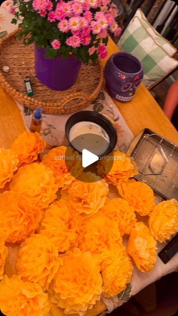 Gladys Padilla💫🌻🌙☀️ on Instagram: "🌼DIY Coffee Filter Marigolds 🌼✨ These cute flowers are so easy to make! Just mix water and a splash of vinegar with orange dye.  We only used four drops of dye and our marigolds weren’t as bold as we wanted, so definitely add more! 🧡 Fold filters in half and cut a scalloped edge. Dip your coffee filters in the mixture then let them dry for about 24 hours. After they dry, stack about 8 filters and staple them together in the center, then scrunch and twist them into shape. My Luke helped, making the whole process even more fun! This is the perfect little project for fall decor or your Día de los Muertos altar which is what we’ll be using them for.🌼 

#DIYCrafts #FallDecor #CoffeeFilterCrafts #ofrenda #CraftWithKids #FallVibes #Marigolds #DiaDeLosMuer Coffee Filter Marigolds, Q Tip Art, Diy Coffee Filter, Coffee Filter Crafts, Paper Play, Cute Flowers, Coffee Filters, Instagram Diy, September 23