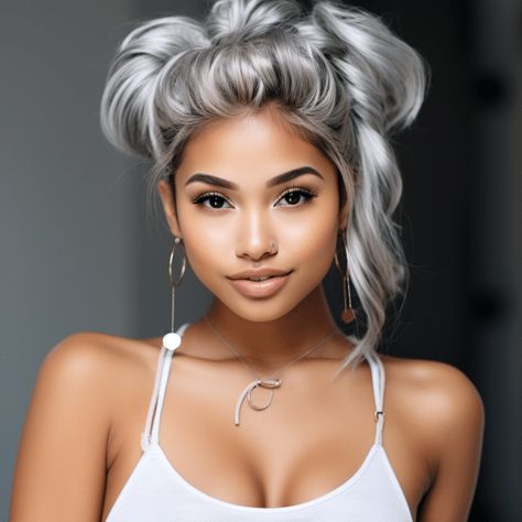 54 Stunning Silver Hair Color Ideas for This Year Gray Weave Black Women, Silver White Hair Color, Gray Toner For Hair, Asian Silver Hair, Silver Hair On Dark Skin, Silver Money Piece Hair, Smokey Silver Hair, Gray Silver Hair Color, Grey Hair For Warm Skin Tones