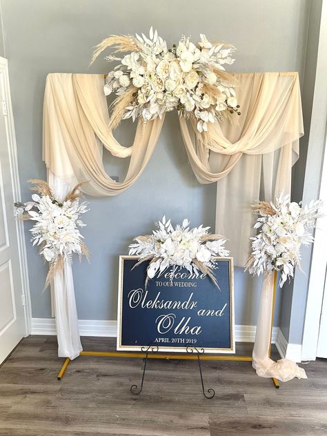 Size of the larger arrangement is about 32-34" by 18". Each smaller arrangements are 18-20" by 14-15". Medium arch arrangement is 24" by 15-17". Welcome sign arrangement 24" by 12". Matching items can be found in "WHITE COLLECTION" section. Colors can be changed, removed or substituted for other colors.  Each arrangement has 2 zip ties on the back to help you attach it to your arch. Hooks can be added on your request!  Please feel free to leave a note for any additional instructions! If you have Boho Arches For Weddings, Welcome Sign Arrangement, Pampas Grass Wedding Aisle, Convention Aesthetic, Pampas Grass Wedding Arch, Boho Pampas Grass Wedding, Pampas Grass Wedding Decor, White Arbor, White Flowers Wedding