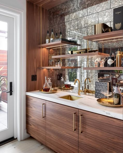 Contemporary Wet Bar Designs, Mid Century Wet Bar Ideas, Black And Brass Wet Bar, Wet Bar Ideas In Living Room, Jean Stoffer Wet Bar, Art Deco Home Bar, Bar With Shelves, Wet Bar With Humidor, Modern Wet Bar