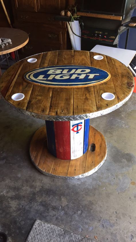 Wooden Spool Bud Light Table Wood Spool Tables, Cable Spool Tables, Wooden Spool Tables, Wooden Cable Spools, Wooden Spool Projects, Front Table, Spool Furniture, Spool Tables, Cave Basement