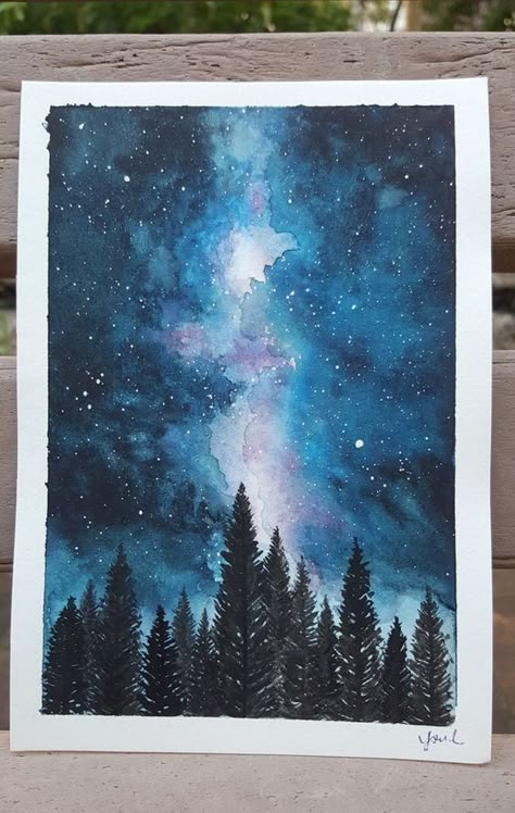 20 Beautiful Watercolor Night Sky Painting Ideas & Inspiration - Brighter Craft Watercolour Miniature Painting, Sky With Watercolor, Star Watercolor Painting, Watercolor Design Ideas, Galaxy Watercolor Painting, Sky Watercolor Painting, Night Watercolor, Watercolor Night Sky, Galaxy Watercolor