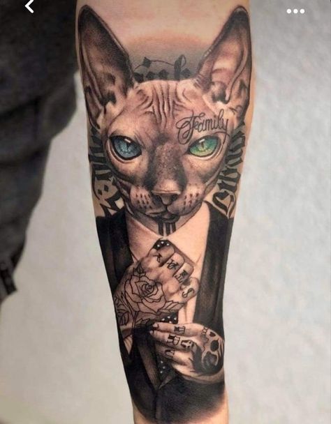 Sphynx Cat Tattoo, Sphinx Tattoo, Papa Tattoo, Finger Tattoos Words, Egyptian Cat Tattoos, Tattoo Gato, Cat Portrait Tattoos, Pin Up Girl Tattoo, Skull Reference