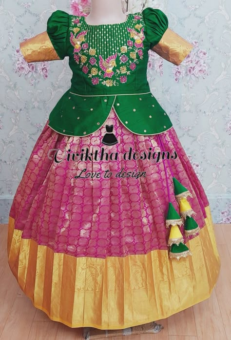 Big Border Pattu Blouse Maggam Works, Pink Green Half Saree, Pattulanga Blouse Designs, Saree To Pattu Pavadai, Green Pattupavada, Baby Lehanga Blouse Patterns, Simple Aari Work Blouse Design For Pattu Saree With Border, Pattu Langa Designs For Kids, Baby Lehanga Designs Kids