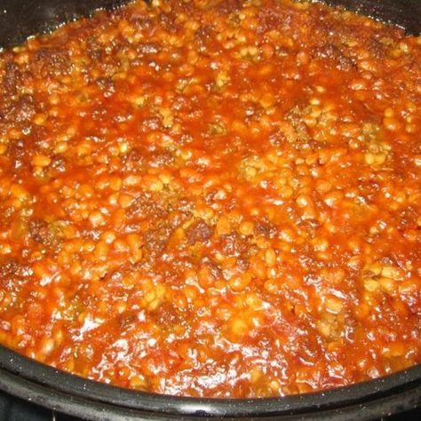 Cowboy Beefy Baked Beans - AMISH RECIPE - Amish365.com Baked Beans With Hamburger, Cowboy Baked Beans, Mennonite Recipes, Cowboy Beans, Corn Fritters, School Cafeteria, Amish Recipes, Beans Recipe, Baked Beans