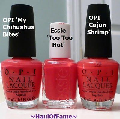 A very thoughtful and thorough comparative analysis of OPI My Chihuahua Bites  vs.  Essie Too Too Hot  vs.  OPI Cajun Shrimp Opi Cajun Shrimp, Opi Colors, Opi Polish, Good Morning Today, Cajun Shrimp, Opi Nail Polish, Gel Polish Colors, Essie Nail Polish, Get Nails