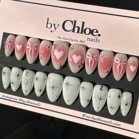 💖 Her finished order! Zoe used to be a committed medium round girly but we recently switched to medium almond & it’s quickly become her favorite! The medium round & medium almond are very similar in length but almond is more tapered at the ends 💅 for a more elongated look! Make sure to save for your next order! XOXO Chloe 💖 #almondshapenails #pressonnailsforsale #pressons #athomenails #valentinesdaynails #heartnails By Chloe Nails, Press Ons Nails Design, Pink Sparkly Nails, Chloe Nails, Nails Box, Business Nails, Medium Almond, Business Baby, Nails Press