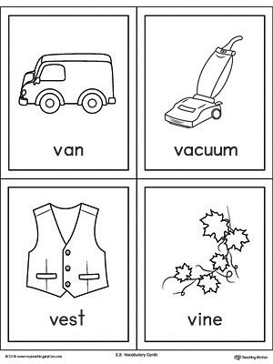 Letter V Words and Pictures Printable Cards: Van, Vacuum, Vest, Vine Worksheet.The Letter V Words and Pictures Printable Cards can be used for flashcards, various games, and help your student associate unfamiliar words with a picture. Picture cards for the words: van, vacuum, vest, and vine. Preschool Color Activities, Kindergarten Valentines, V Words, Abc Coloring Pages, Alphabet Pictures, Printable Alphabet Letters, Preschool Colors, Abc Coloring, Picture Picture