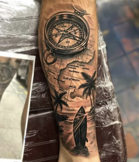 Map Arm Sleeve Tattoo, Cool Arm Sleeve Tattoo For Men, Tropical Sleeve Tattoo Men, Travel Sleeve Tattoos For Guys, Bahama Tattoo Ideas, Explorer Tattoo Ideas, Map Tattoos Men, World Map Tattoo Sleeve, Map Sleeve Tattoo