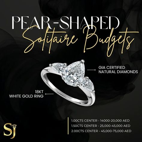 Unveil the magic of a Natural high quality Pear Solitaire Ring. 🌟💍 This masterpiece is a true testament to luxury and sophistication. Pear Shape Solitaire Budget:- 💎 1.00cts Center - 14000-20,000 AED 💎 1.50cts Center - 25,000-45,000 AED 💎 2.00cts Center - 45,000-75,000 AED All prices above are for GIA certified Natural Diamonds and set in 18kt White Gold Ring. #modernjewellery #diamondsjewelry #highendjewellery #highjewellery #diamondearrings #diamondlover #engagementring #anniversar... Pear Solitaire Ring, Natural High, White Gold Ring, Pear Shape, White Gold Rings, Solitaire Ring, Luxury Jewelry, Pear Shaped, Gold Ring