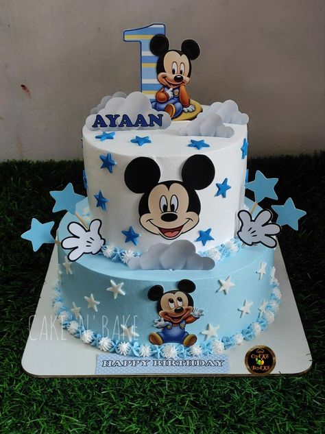 Birthday Cakes For 2 Year Boys, Blue Mickey Mouse Cake, Birthday Cake 1 Year Boy, Mickey Mouse Cake Design, Cake 1 Year Boy, Mickey Mouse Theme Cake, Baby Mickey Mouse Cake, 1st Birthday Cake Designs, Chocolate Birthday Cake Decoration