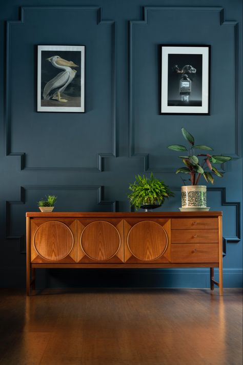 Mid century teak Nathan Circles Sideboard sat within a deep blue room Sideboards Living Room Inspiration, Nathan Furniture, Highend Furniture, Blue Sideboards, Furniture Upcycle, Sideboards Living Room, Statement Furniture, Cosy Living, Teak Oil