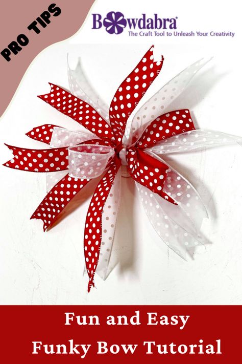 Christmas bow are easy to create with our video tutorials. Funky bows are simple to create Diy Mesh Bows Tutorials How To Make, How To Make Small Bows For Ornaments, Funky Bow Tutorial, Messy Bows Diy, Easy Bow Making Tutorials, How To Make A Bow, Bowdabra Bows, Crafty Videos, Bow Tying