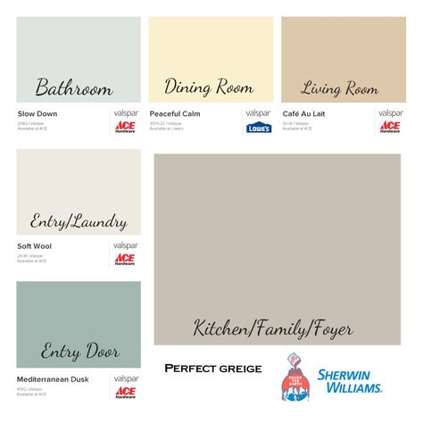 Color Palette for Home Main Floor: Peaceful Calm and Cafe Au Lait represent wallpaper that I'm not taking down at this time. Behr Coffee With Cream, Behr Cappuccino Froth, Cafe Blue Valspar, Cafe Au Lait Paint Color, Valspar Greige, Valspar Cafe Blue, Sherwin Williams Greige, Ranch Makeover, Valspar Paint