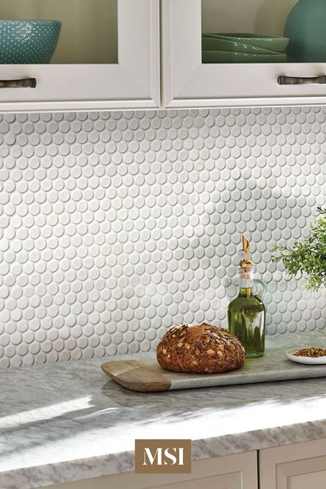 White Glossy Penny Round Mosaic are porcelain mosaic wall tiles with a retro feel. The white penny round pattern with glossy finish can be more dramatic with a contrasting grout or textural with grout in the same color. White Penny Tile Backsplash Kitchen, Glass Penny Tile Backsplash, Penny Tile Backsplash Kitchen, Penny Round Backsplash Kitchen, White Penny Tile Backsplash, Penny Tile Kitchen Backsplash, Penny Round Tile Backsplash, Kitchenette Backsplash, White Penny Round Tiles Bathroom