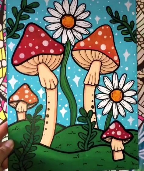 Shroom Canvas Paintings, Trippy Painting Ideas Creative Mushroom, Mushroom And Flower Painting, Cute Mushroom Painting Acrylic Easy, Trippy Paint Marker Art, Simple Mushroom Painting Ideas, Easy Mushroom Painting Ideas On Canvas, Mushrooms Painting Easy, Easy Paint Marker Drawings