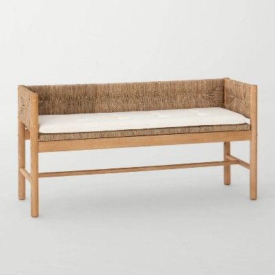 Elden Wood Bench With Woven Back And Loose Cushion Seat - Threshold™ Designed With Studio Mcgee : Target Target Bench, Foyer Bench, Bench With Back, Entry Bench, Studio Mcgee, Upholstered Bench, Wood Bench, Primary Bedroom, Entry Way