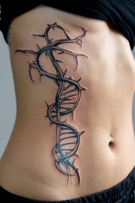 A dramatic DNA tattoo entwined with vines and sharp thorns makes for a bold and edgy design. The thorns add an element of struggle or protection, while the DNA symbolizes life�s complexity. Chronic Pain Tatoos Ideas, Vines With Thorns, Ribcage Tattoos For Women, Neuron Tattoo, Tattoo Vines, Heart Tattoo On Finger, Dna Tree, Dna Tattoo, Dna Helix