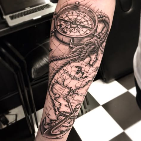 Half Sleeve Map Tattoos For Men, Map Tattoo Sleeve, Pirate Map Tattoo, Thigh Sleeve Tattoo, The World Tattoo, Inside Of Arm Tattoo, Nautical Tattoo Sleeve, Arm Tattoos For Guys Forearm, Forearm Tattoo Quotes