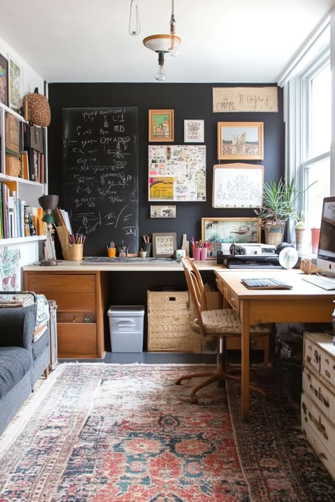 Home Office With Craft Space, Small Working Space Design, Home Writing Studio, Small Office And Workout Space, Small Creative Space Ideas, Small Design Studio Workspace, Small Studio Office Ideas, Craft And Guest Room Combo, Office Art Studio Combo