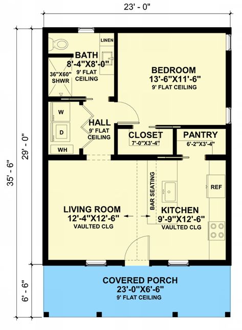 1-Bed Colonial Cottage House Plan or ADU with Vaulted Living Room - 667 Sq Ft - 420151WNT | Architectural Designs - House Plans 1 Bed Cottage Floor Plan, 1 Bed 2 Bath House Plans, 1 Bed 1.5 Bath Floor Plan, 1 Bedroom House Floor Plan, 1 Bed 1 Bath Floor Plans Small Houses, 900 Sq Ft House Plans 1 Bedroom, 20x32 House Plans, 1 Bedroom 1.5 Bath Floor Plan, Mother In Law Cottage With Garage