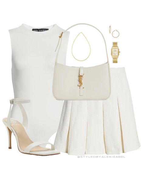 White Pleated Skirt Outfit, Classy Skirts, Pleated Skirt Outfit, White Pleated Skirt, Sophisticated Outfits, Pleated Skirts, White Heels, Sleeveless Bodysuit, Lookbook Outfits