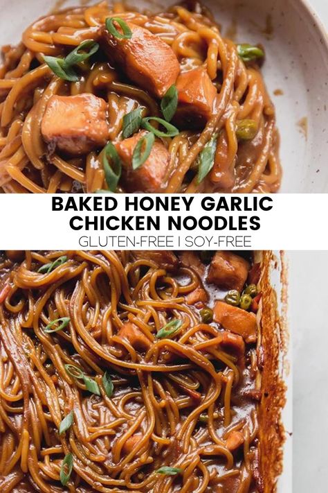 Baked Honey Garlic Chicken Noodles (Gluten Free) - Unbound Wellness Honey Garlic Chicken Noodles, Easy Pasta Bake, Chicken Noodle Bake, Baked Honey Garlic Chicken, Garlic Chicken Pasta, Unbound Wellness, Pasta Bake Easy, Soy Chicken, Chicken Noodles