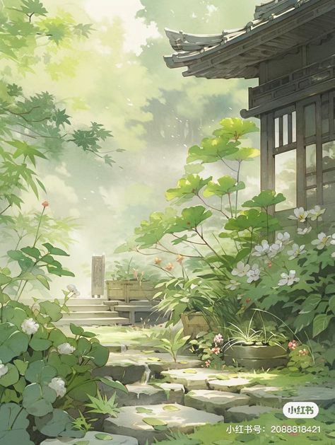 Chinese Garden Painting, Green Asian Aesthetic, Chinese Cottagecore, Chinese Scenery, Chinese Picture, Galleries Architecture, Green Scenery, Anime Lock Screen Wallpapers, Chinese Landscape Painting