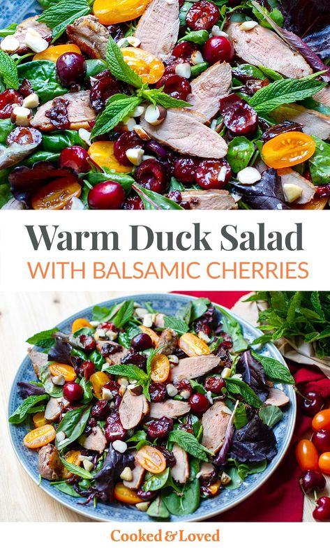 Warm Duck Salad With Balsamic Cherries Duck Salad, Balsamic Cherries, Cherries Salad, Duck Recipe, Meat Love, Fresh Cherry, Filling Lunch, Red Onion Salad, Brazil Nuts