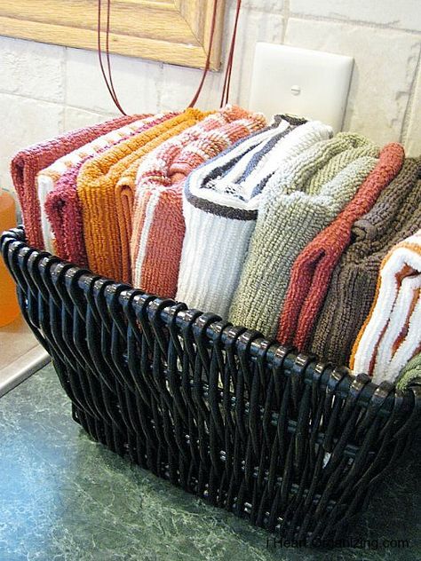 how to organize dish towels - Google Search Kitchen Clutter Solutions, Cluttered Kitchen, Peter Walsh, Clear Clutter, Clutter Solutions, Organizing Stuff, Declutter Kitchen, Truck Cakes, Kitchen Clutter