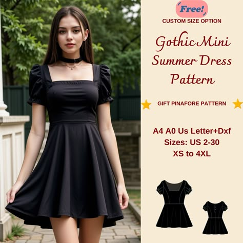 Gothic Mini Summer Dress Sewing Pattern, Puff Sleeve Dress, Witch Dress, Gothic Cosplay Dress, Square Neck Summer Dress, XS-4XL: US Sizes: 2, 4, 6, 8, 10, 12, 14, 16, 18, 20, 22, 24, 26, 28, 30 Standard Sizes: XS, S, M, L, XL, 2XL, 3XL, 4XL These patterns are suitable for A4, A0, and US Letter size papers. As soon as your payment is processed, you will automatically receive download links for the pattern files. *PLEASE NOTE that you will only be able to download the files from a computer; they w Clothes Sewing Patterns Goth, Short Sleeve Dress Sewing Pattern, Witchy Dress Pattern, Skater Dress Sewing Pattern, Alternative Sewing Patterns, Gothic Sewing Patterns, Babydoll Dress Sewing Pattern, Goth Sewing Patterns, Short Sleeve Dress Pattern