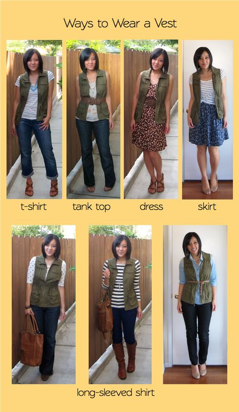 Putting Me Together: Building a Remixable Wardrobe, Part 4: Layering Pieces Olive Vest, Khaki Vest, Mode Tips, Green Vest, Jean Vest, Mode Casual, Vest Outfits, Fashion 2018, Sleeveless Shirt