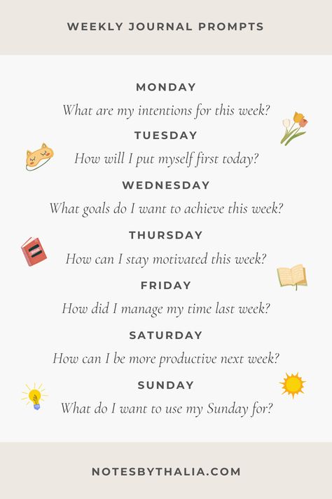 Weekly Journal Prompts Ideas Infographic that includes Monday - What are my intentions for this week?
Tuesday - How will I put myself first today?
Wednesday - What goals do I want to achieve this week?
Thursday - How can I stay motivated this week?
Friday - How did I manage my time last week?
Saturday - How can I be more productive next week?
Sunday - What do I want to use my sunday for?
; black text over white background and colourful graphics 5 Minute Journal Prompts, New Week Journal, Sunday Journal Ideas, 5 Minute Journal Writing Prompts, Sunday Journal, 5 Minute Journal, Sunday Journal Prompts, 5 Minutes Journal, Morning Journal Prompts