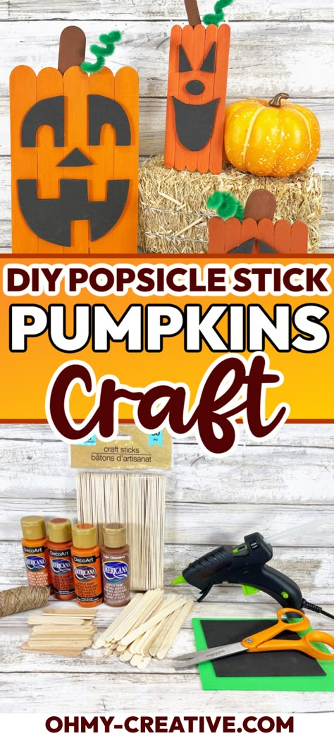 This easy fall craft is perfect for kids! Make popsicle stick pumpkins at Halloween parties or on rainy days. Like this Popsicle Stick Scarecrow Fall Craft, the kids will love it! Popsicle Fall Crafts, Popsicle Stick Pumpkin Craft, Halloween Crafts For Seniors Assisted Living, Fall Crafts With Popsicle Sticks, Popsicle Stick Halloween Crafts, Fun Crafts For Seniors, Craft Sticks Ideas For Kids, October Activities For Seniors, Fall Popsicle Stick Crafts