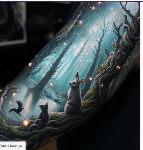 Fairytale Sleeve Tattoo, Magical Forest Tattoo, Wicked Tattoo Ideas, Woodland Tattoo Sleeve, Tuck Tattoos, Enchanted Forest Tattoo, Fall Reference, Enchanted Tattoo, Sam Tattoo