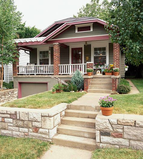 olive paint with white and cranberry trim? Could look good with our stone. Craftsman Colors, Small Bungalow, Clapboard Siding, Choosing Paint Colours, Craftsman Exterior, Bungalow Homes, House Details, Craftsman Style House, One Home