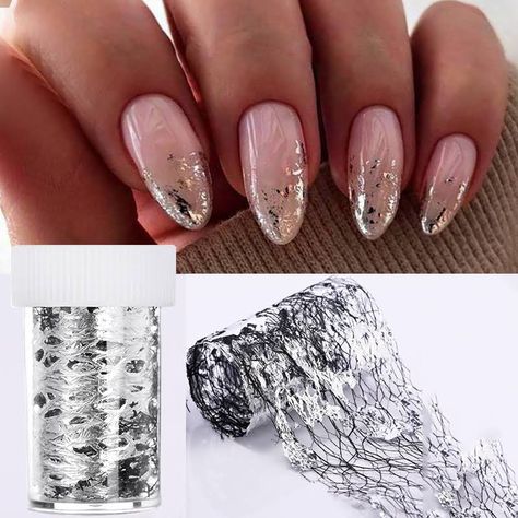 Silver Flakes Nails, Silver Flake Nails, Nails With Foil Flakes, Nails With Foil, Natural French Nails, Nails With Silver Glitter, Nails With Silver, Long Stiletto Nails, Golden Nails