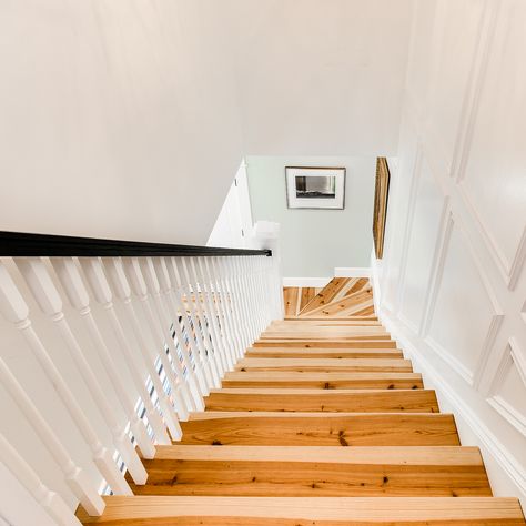 Pine Staircase, Corner Stairs, Farmhouse Finishes, Log Cabin Siding, Cabin Siding, Beaded Ceiling, Heart Pine Floors, Pine Wood Flooring, Pine Flooring